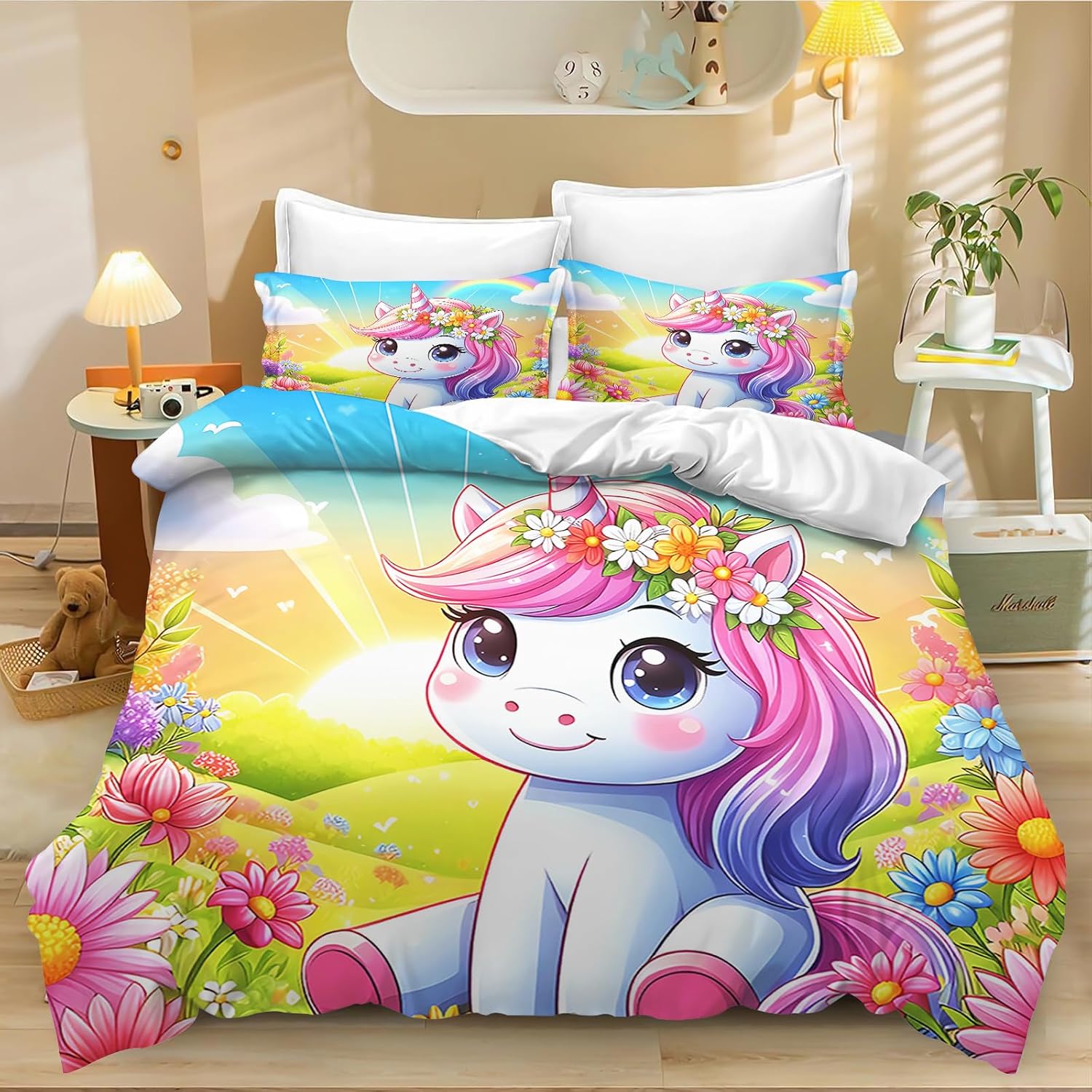 Cute Unicorn Rainbow Duvet Cover for Kids Boys Girls, Rainbow Comforter Cover Set Queen Size Lively Kids Rainbows Duvet Cover 135x200cm