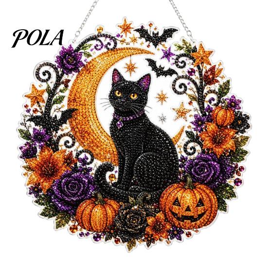 Creative Stress Relief Crafts Black Cat Moon Rhinestone Painting Kit, Halloween Faceted Faux Crystal Hanging Decor, Shining Pendant Art DIY