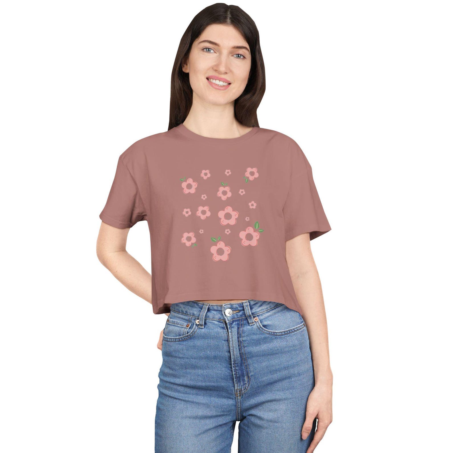 Pink Floral Scatter Crop Tee | Minimal Ditsy Flowers, Spring Casual S