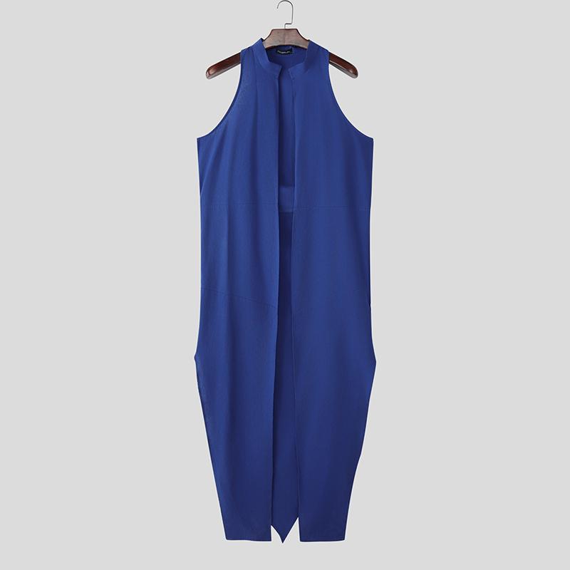 

INCERUN Мужской летний жилет с воротником-стойкой, без рукавов, с открытой передней частью, нерегулярный, повседневный, длинный 4XL синий