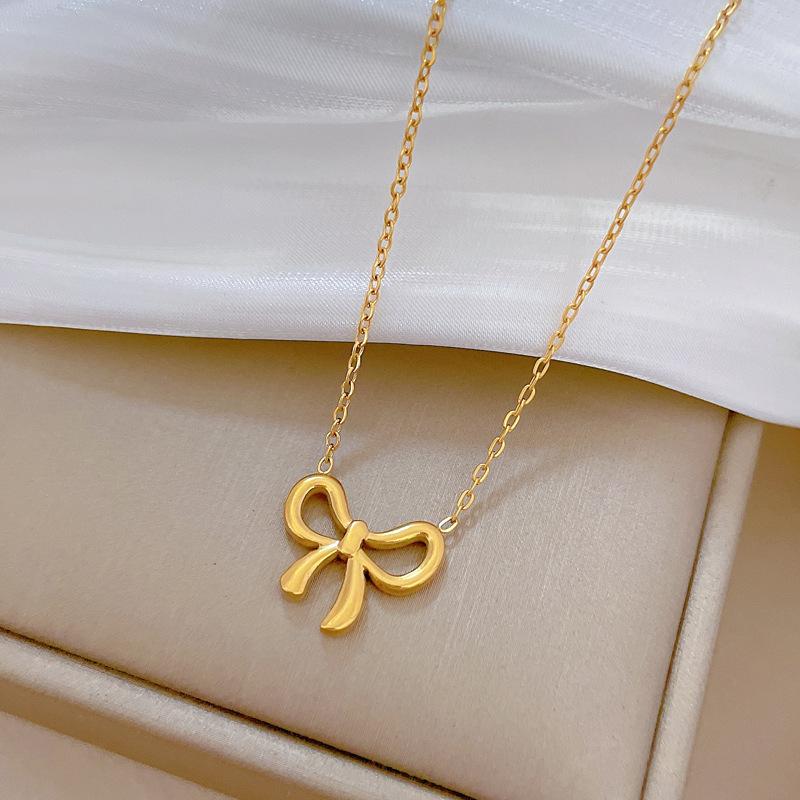 L316 Stainless Steel Beads Chain Hollow Bowknot Pendant Necklace for Women Niche Simple Jewery Accessory