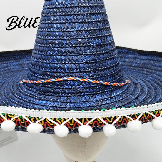 Jasny Design Kapelusz Meksykański Sombrero z Kolorowymi Pomponami Styl Hawajski Pleciony Słomkowy Kapelusz Przeciwsłoneczny Szerokie Rondo Lekki Kostium Imprezowy na Lato Plażę Podróże