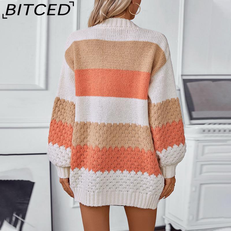 BITCED Colour-Block Striped Cardigan for Women Autumn/Winter Casual Oversized Knitwear with Bell Sleeves