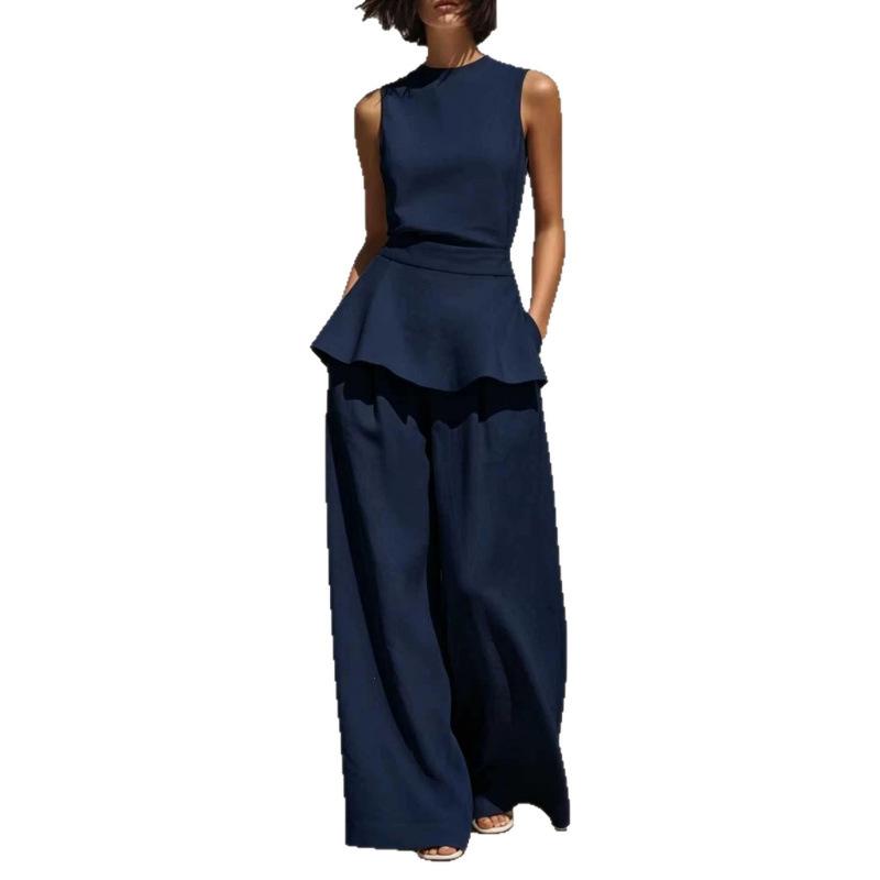 European and American new women's sleeveless vest vest ruffle edge wide-leg pants cotton and linen two-piece women's clothing