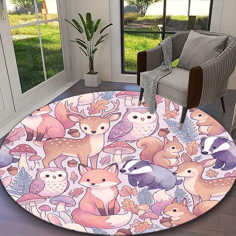 1pc Sweet Animals Harmony Fox Unicorn Printed Chair Rug for Home Office Use, Living Room Kitchen Game Room Round Carpet