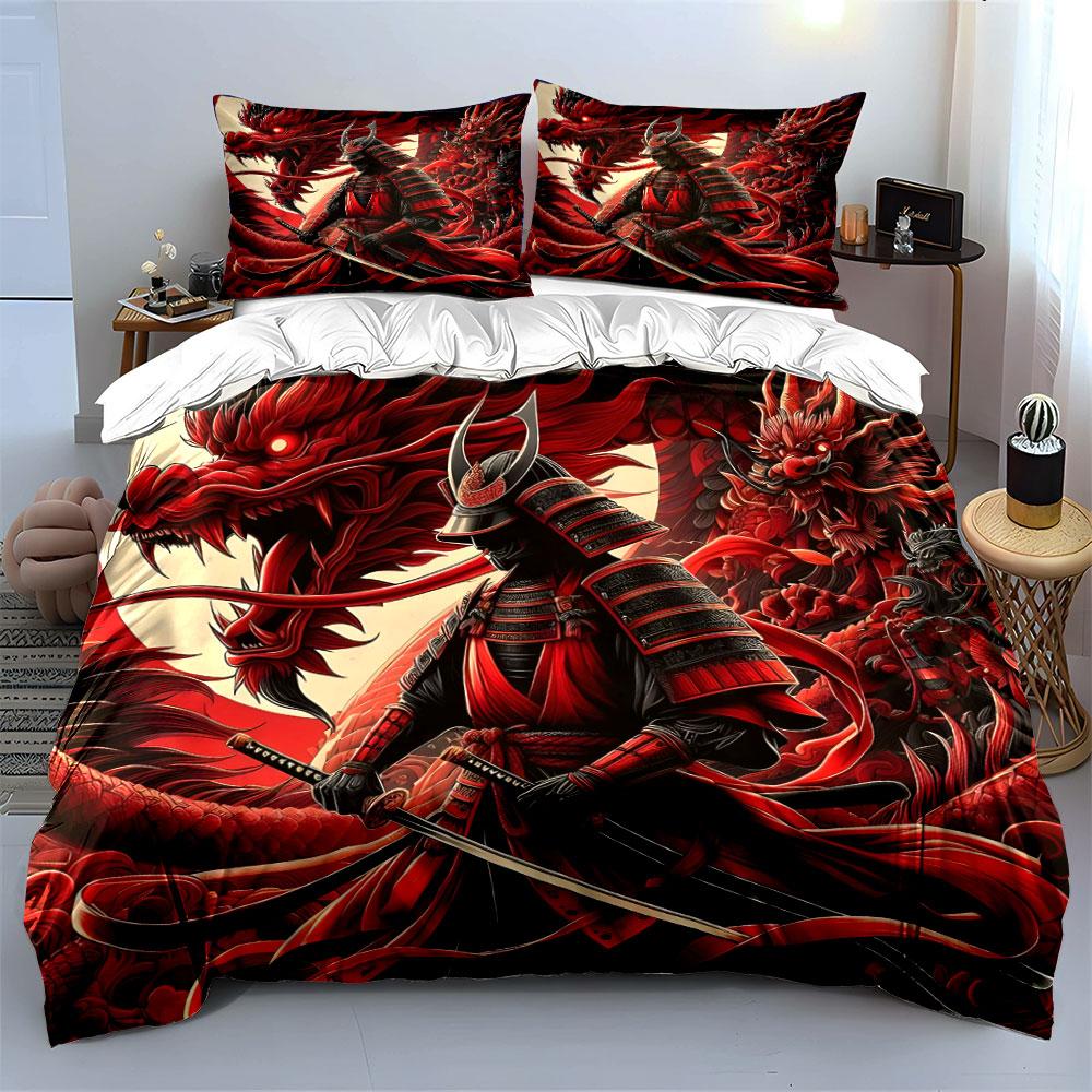 Samurai and Red Dragon Battle Bedding Duvet Cover Set  (1*Duvet Cover 2*Pillowcases, without duvet insert)