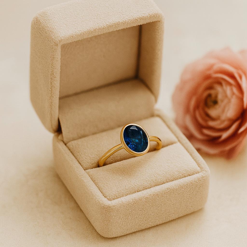 Oval Cut Blue Sapphire Solitaire Ring – Yellow Gold Plated Bezel Setting, Engagement Wedding Jewelry Gift for Women