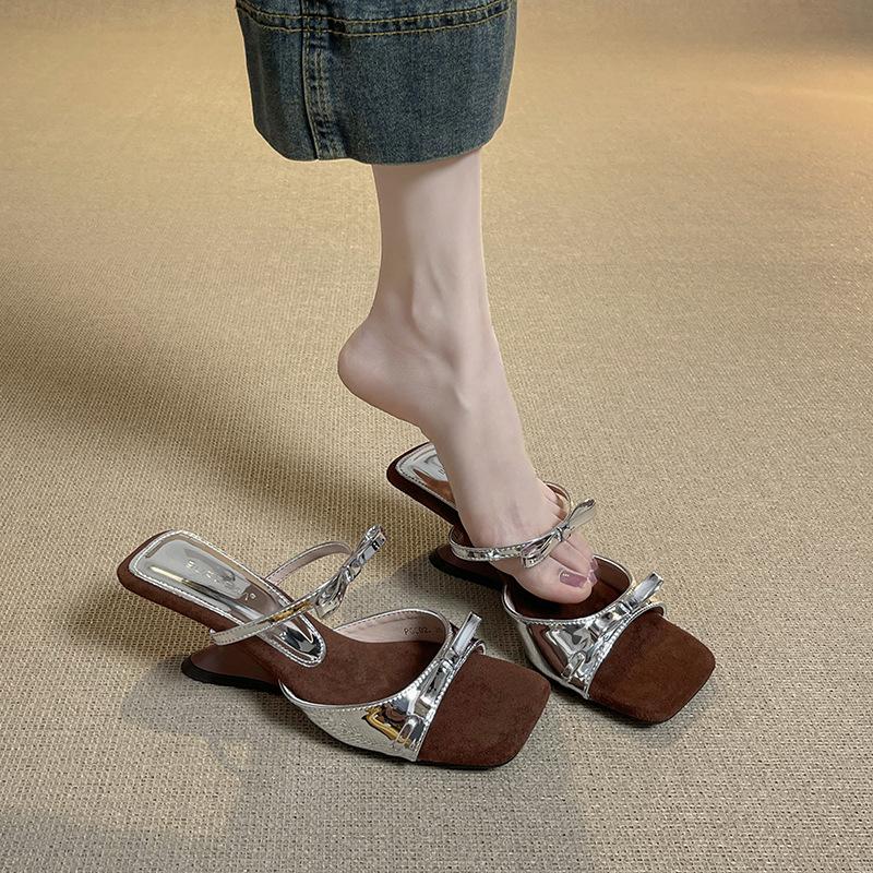 Silver bow wedge heel temperament sandals women's summer new high heel cool slippers women