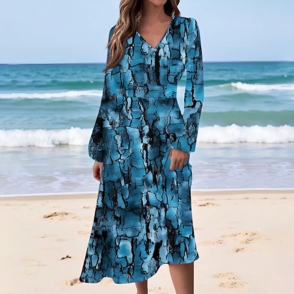 Women's Casual Fashion Floral Print V-neck Long Sleeve Waist Long Dress