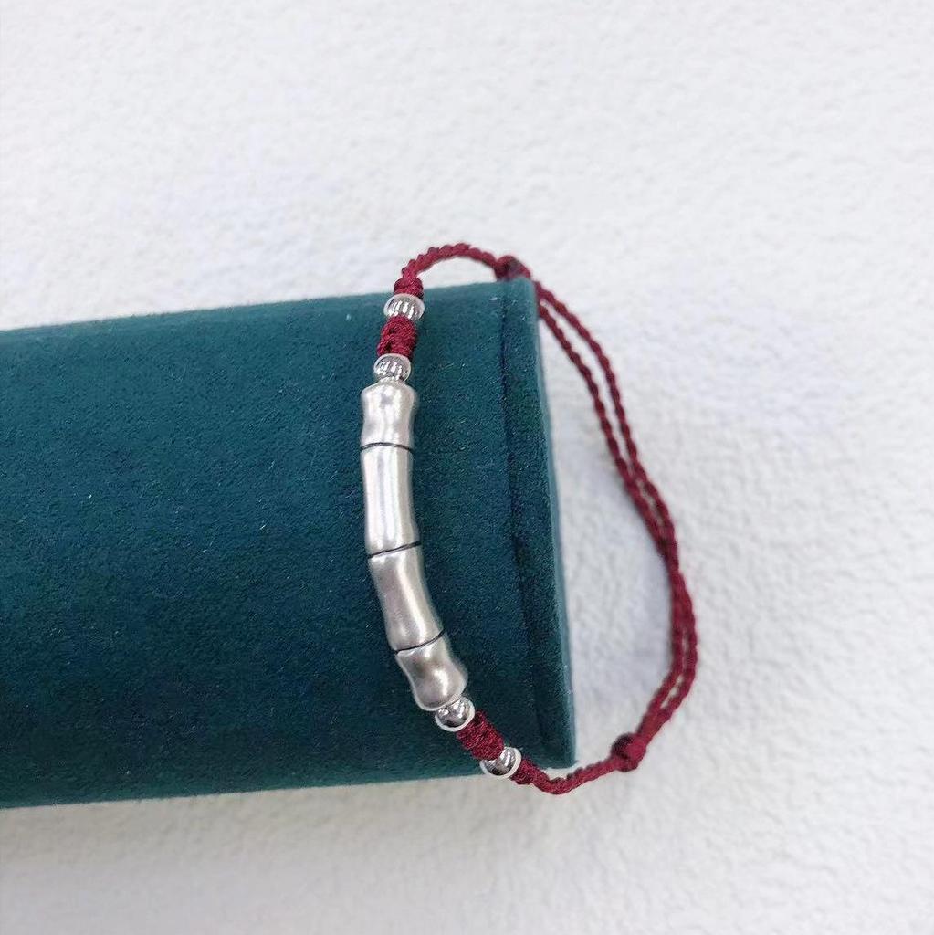 Bamboo Joint Pure Silver 999 Couple Bracelet with Hand-Woven Red Rope - 2025 Commemorative Gift for Couples