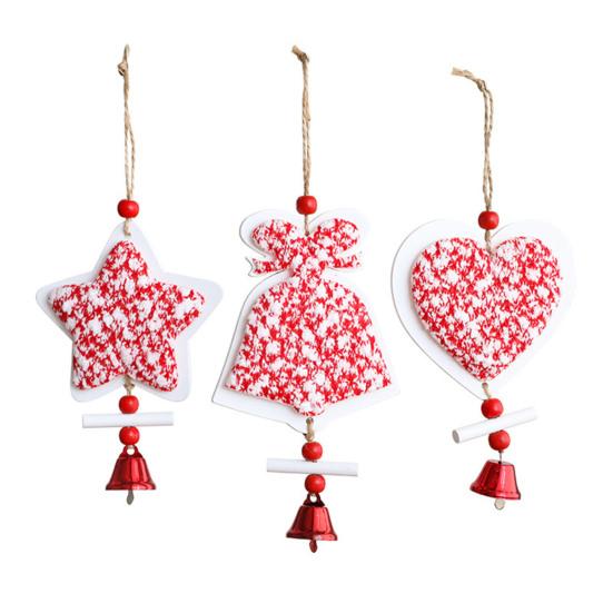 Christmas Wooden Ornaments Red White Heart Bell Star Shaped Hanging Ornament with Bells for Tree Mantel Stair Rail Holiday Decor