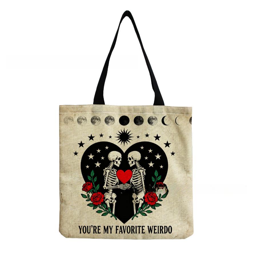 Women Vintage Linen Tote Bag - Large Capacity Skeleton Print Shoulder Handbag for Casual & Grocery Shopping KTB