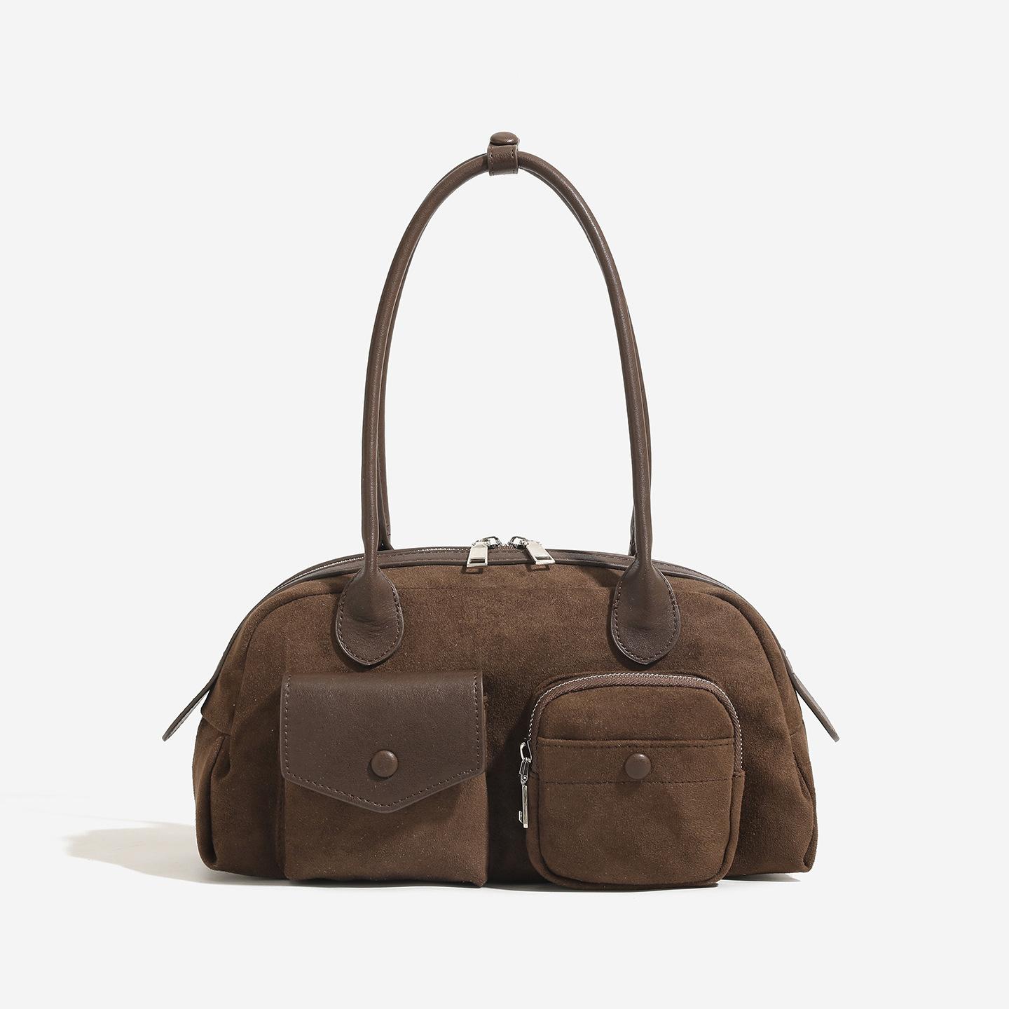 Maillard Suede Bowling Bag for Women with A High-end Feel, One Shoulder Hand-held Boston Bag, Underarm Bag 32x12x16cm