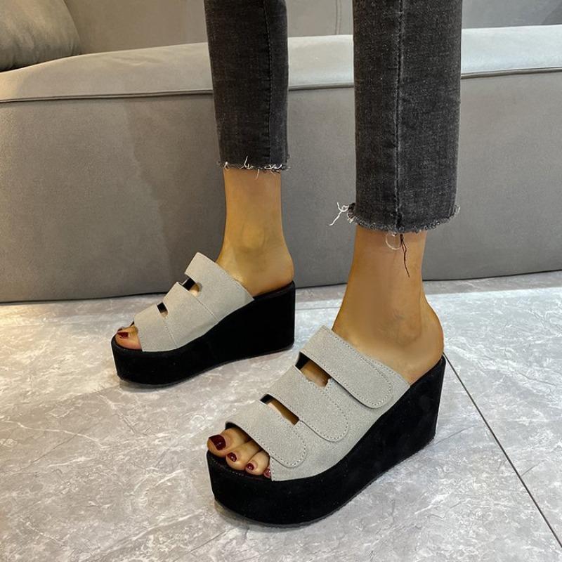 Women's Plus Size Velcro Platform Wedge Sandals, Suede Chunky Heel Summer Slides