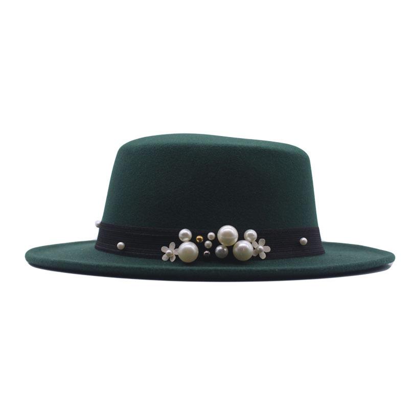 New Flat Top Flat Brim Top Hat Men's and Women's Retro Pearl Fashion British Woolen Hat