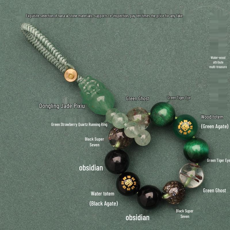 Zhenqiao Five Elements Pixiu Keychain: Wood, Fire, Earth, Metal, Water Crystal Pendant.