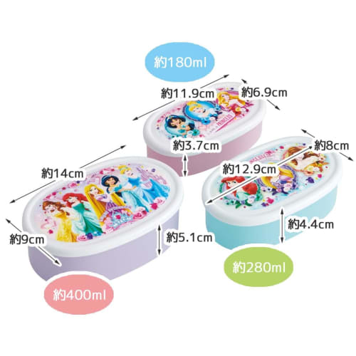 Skater Lunch Boxes, Sealable Storage Containers, Made in Japan (Large 400ml, Medium 280ml, Small 180ml), Set of 3, Ag+ Antibacterial, Disney Princess