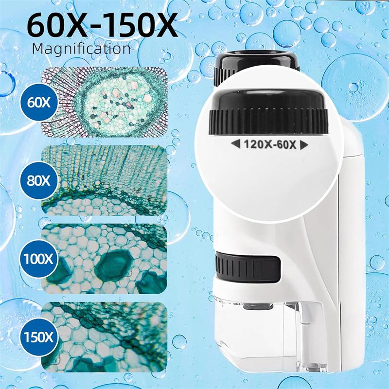 Handheld Pocket Microscope 60X 120X Magnification With Phone Clip LED Light Kids Science Educational Toy For Outdoor Study