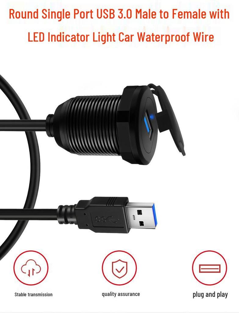 Waterproof Aluminum USB 3.0 Male to Female Cable with LED for Vehicles