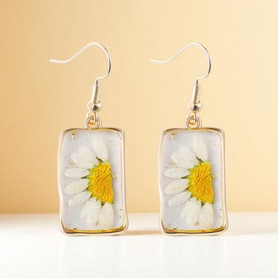 1 Par Brincos Femininos Vintage Boêmios Flor Seca Brincos Geométricos Artesanais de Resina Flor Margarida Pendente