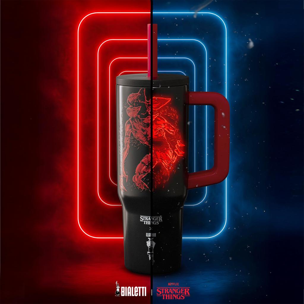 Bialetti Stranger Things Becher mit Strohhalm Leuchtet im Dunkeln