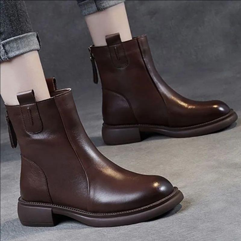 Soft Leather Shoes, Short Boots, Women's New Low-heeled Leather Boots, Retro Back Zipper Boots, Women's Shoes