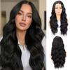 Natural Black Middle Part Water Wave Long Curly Lace Front Wig High Temperature Fiber Synthetic Wig for Daily Wear