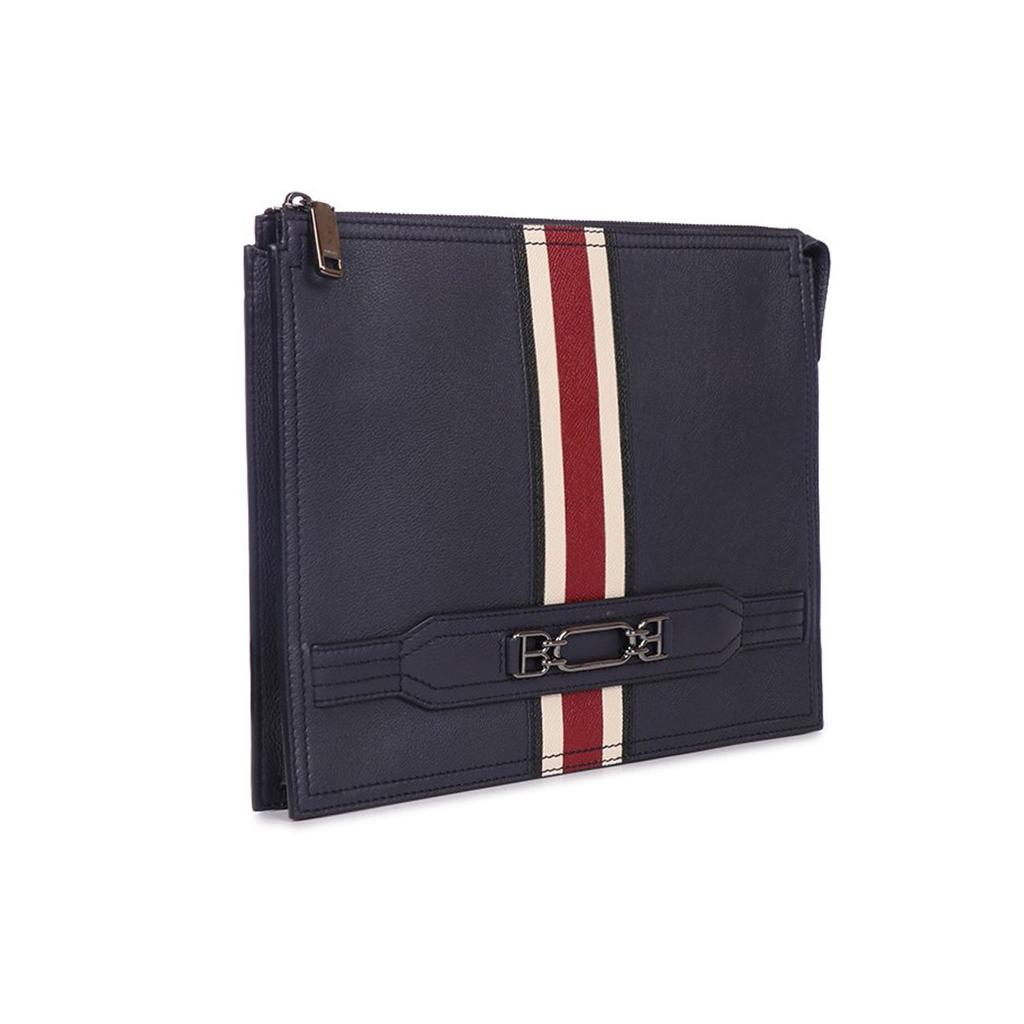 Bally Classic Leather Red And White Striped Commuter Fashion Large Capacity Leather Clutch Men Clutch Deep-Blue 6236781