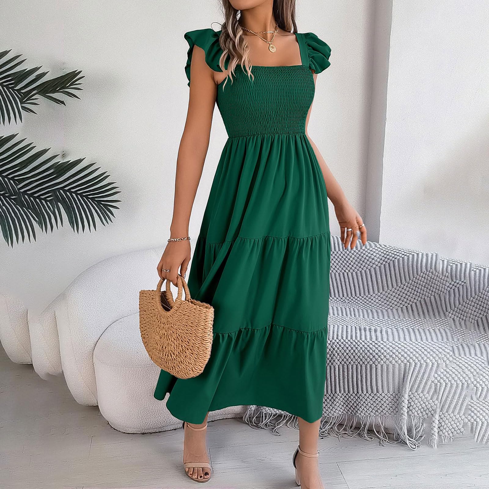 Women s Square-Neck Ruffled Short-Sleeve Zipper Fashion Casual Fitted Bodycon Dress XL зелёный
