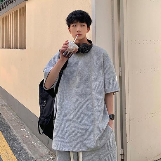 2Pcs/Set O-Neck Short Sleeve Waffle Texture Casual Outfit Pockets Drawstring Elastic Waistband Solid Color T-shirt Loose Shorts Sport Suit Streetwear