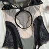 Französisches Ultra-dünnes Damen-Bodysuit-Set Sexy Spitze Stickerei Unterwäsche Atmungsaktives Netz Bodycon Einteiler Verführung Hohl-Jumpsuit