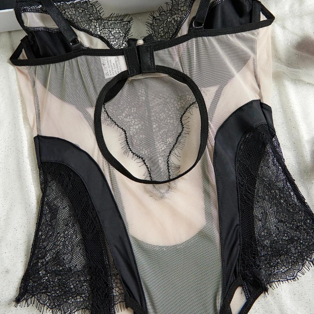 Französisches Ultra-dünnes Damen-Bodysuit-Set Sexy Spitze Stickerei Unterwäsche Atmungsaktives Netz Bodycon Einteiler Verführung Hohl-Jumpsuit