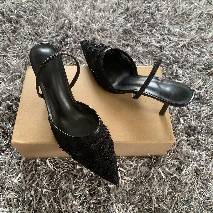 Black Embroidered Mesh Slingback High Heels Sandals for Women Shoes Woman Elegant Style Wedding Party Pumps