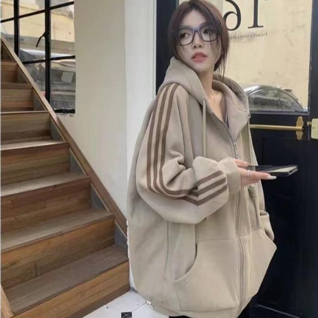 American Retro Fleece-Lined Hooded Cardigan - Plus Size, Long Sleeve Winter Sweatshirt for Women