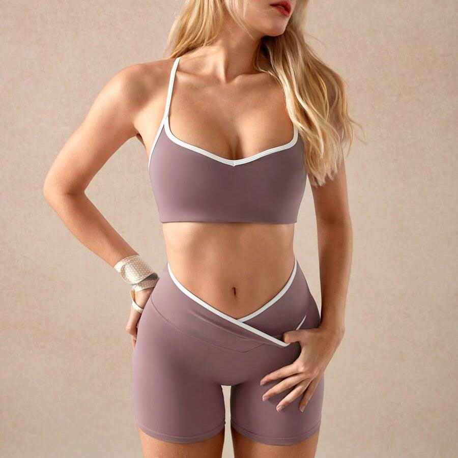 Contrasting colors, sexy back, sports underwear, yoga suit, fitness shorts, Pilates yoga suit, two-piece set for women
