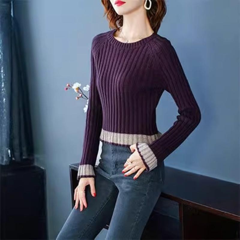 A New, Tight-fitting, Short, and Long-sleeved Knitted Sweater with A Round-neck and Striped Design for Autumn and Winter