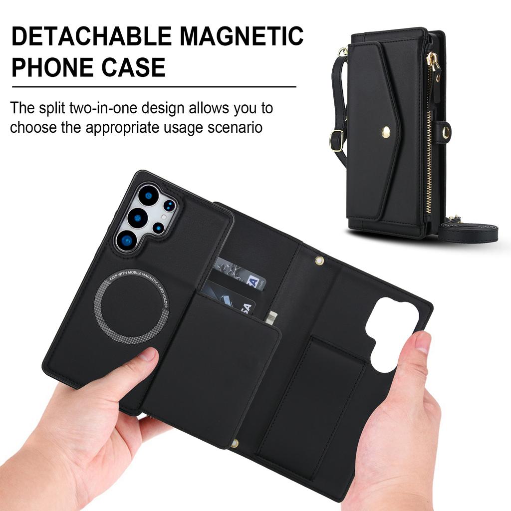For Samsung Galaxy S25 Ultra Wallet Case Magnetic Detachable PU Leather Phone Cover with 2 Straps