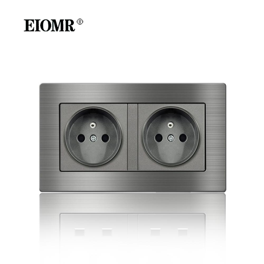 EIOMR France Standard Electrical Socket Grey Aluminum Alloy Panel Light Switch Rj45 Tv 220V 16A Wall Outlets for Home Appliance