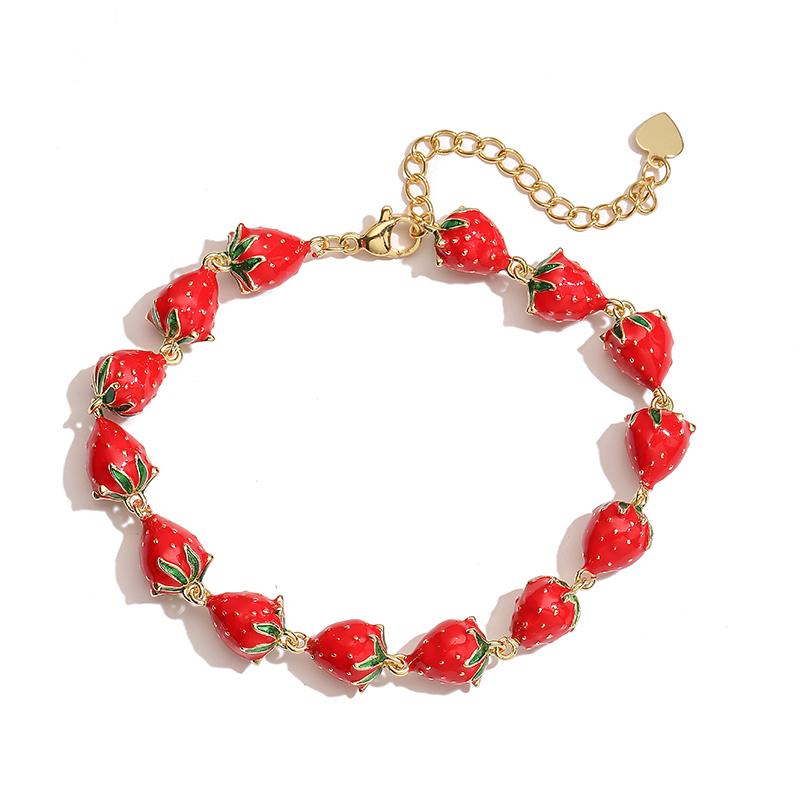 HECHENG,Fashion Sweet Strawberry Red Cherry Drip Oil Bracelet Women's Fruit Department Cute Bracelet Party Gift