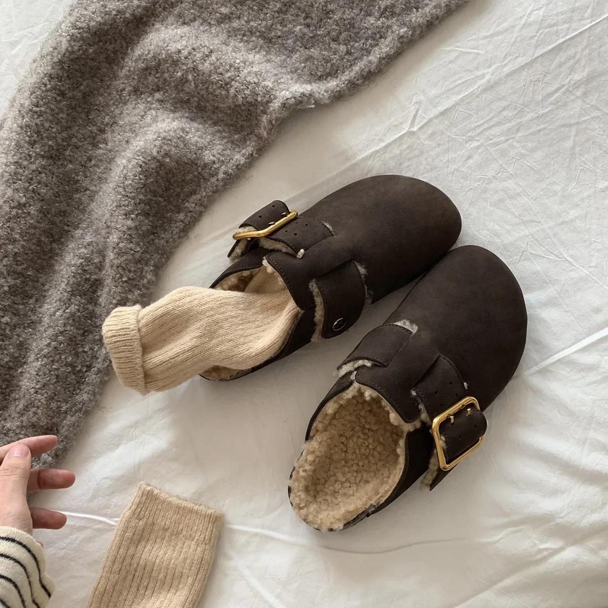 

Cotton Slippers for Women s Winter New Fashionable Round Toe Buckle Womans Shoes with Leather Surface Lazy Half Slippers Zapatos 35