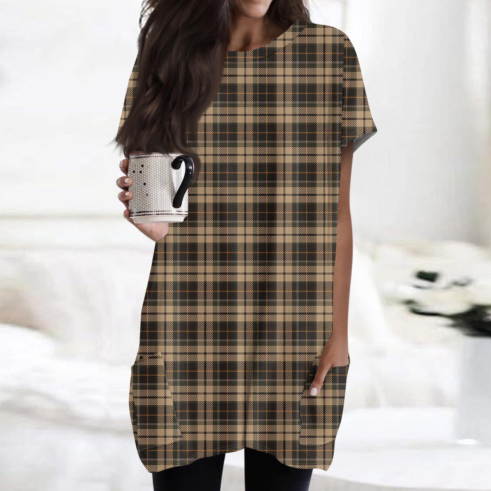 

Женская модная повседневная футболка с коротким рукавом и круглым вырезом с принтом и двумя карманами L коричневый