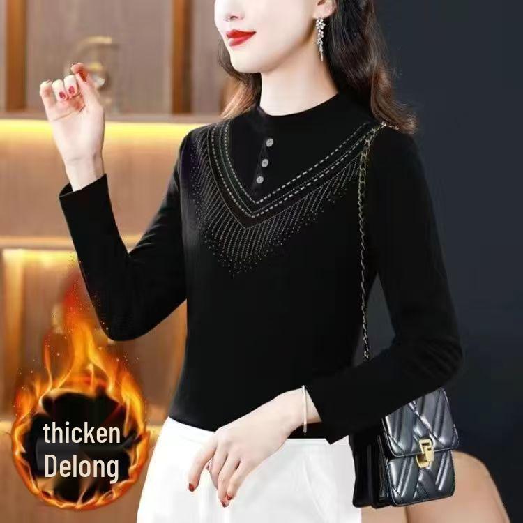 

Autumn/Winter Half-High Collar Fleece Long-Sleeve T-shirt for Middle-Aged and Elderly Women: Stylish, Warm Base Layer 5XL