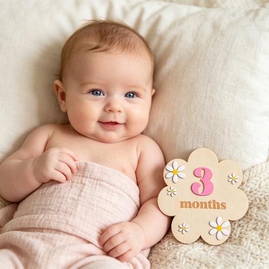 Baby Monats Meilenstein Karte Schild Holzblumenbrett mit 10 austauschbaren Zahlen für Neugeborenen Wachstums-Tracker Foto Requisite Babyparty Kinderzimmer Dekor