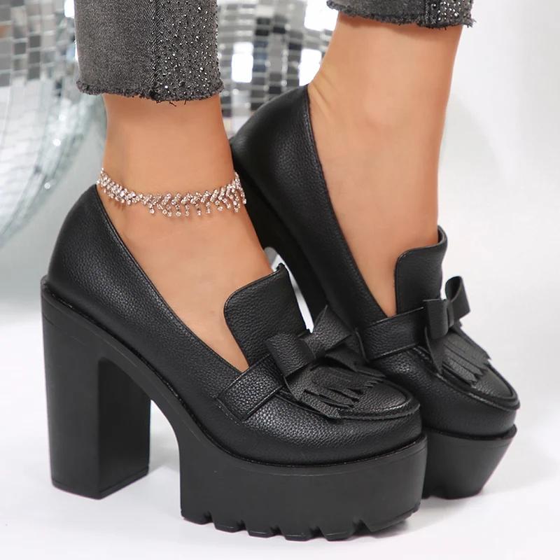 Chunky High Heel Pumps Women Gold Silver Gothic Platform Loafers Woman Fashion Tassels Thick Heeled Party Shoes