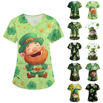 Damernas St. Patricks Tryck Lös V-ringning Ficka Kortärmad Uniform