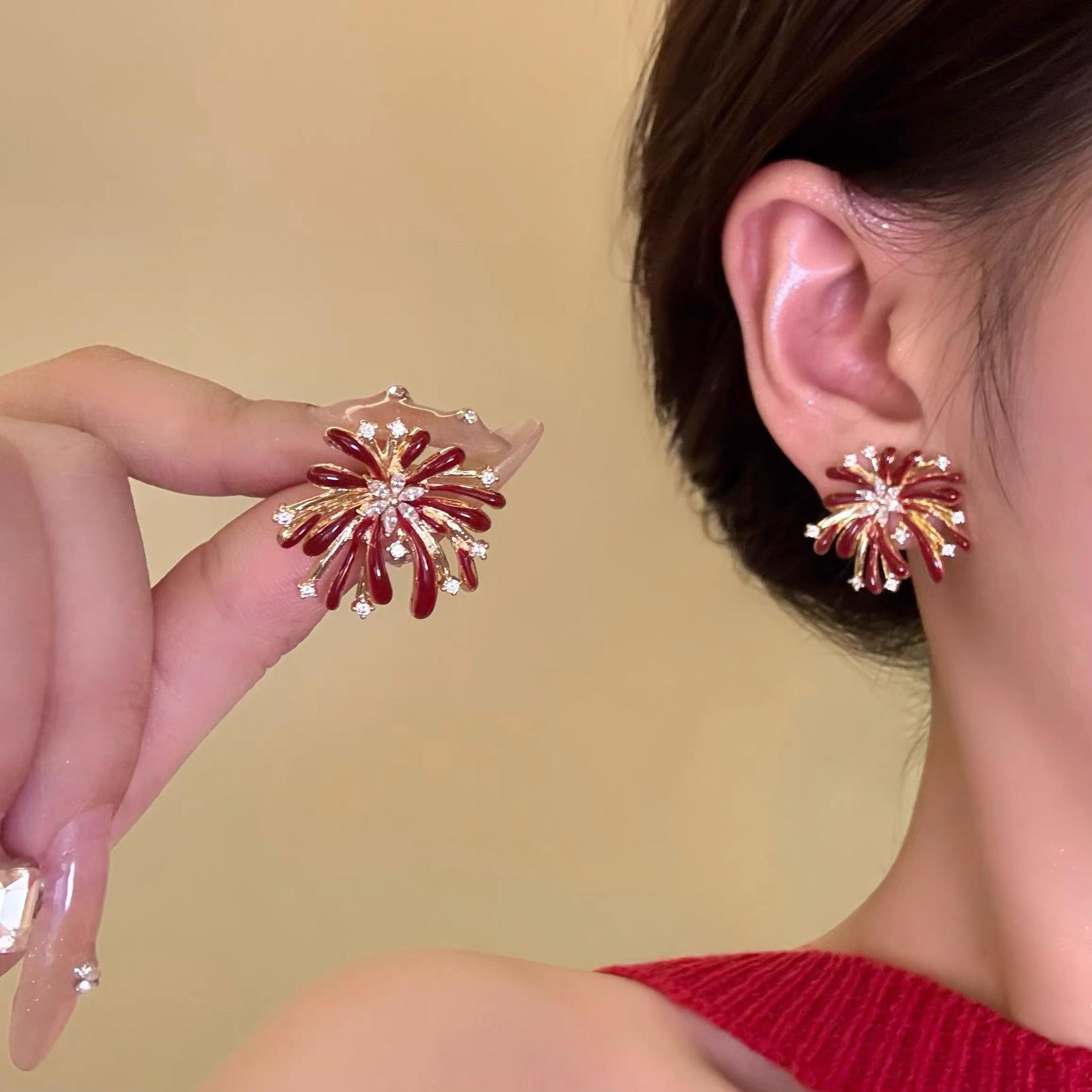 New atmosphere red fireworks flash zircon pearl earrings women s new unique and beautiful stud earrings