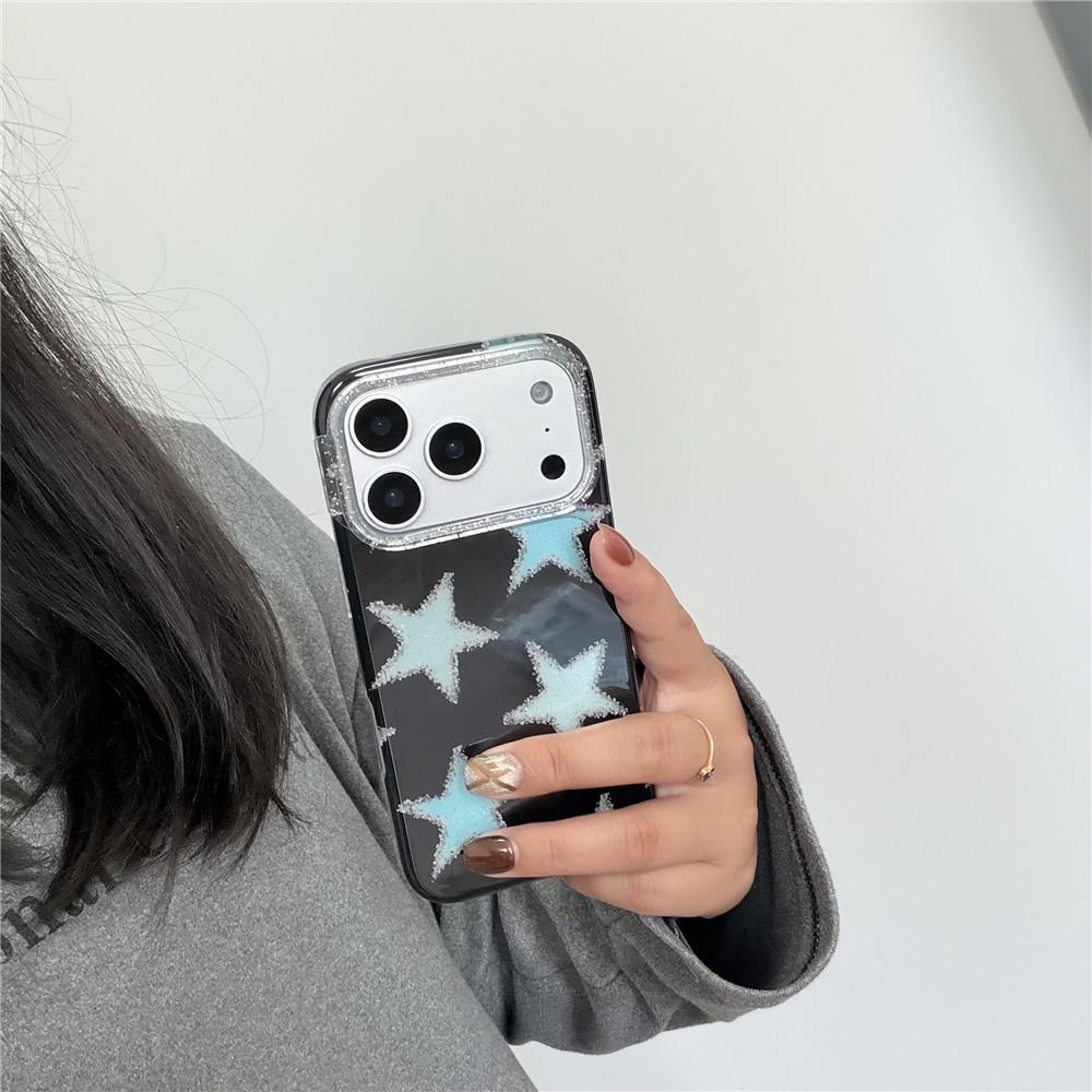 Black Glitter Stars iPhone 17 Pro Drop-proof Case, Compatible with 16 Pro Max & 15 Pro, Korean Style