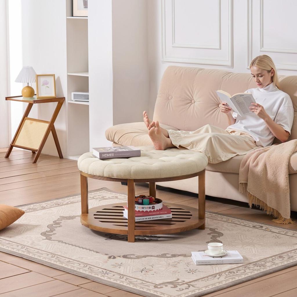 Large Round Ottoman Coffee Table, 81 cm Tufted Coffee Table with Solid Wood Shelf Storage, Linen Solid Upholstered Footrest Ottoman for Bedroom Living