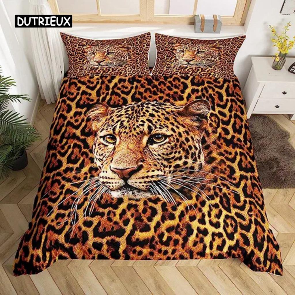 Leopard Print Duvet Cover Safari Cheetah Africa Animal Bedding Set Men Women Bedroom Decor Black and Brown Leopard Quilt Cover