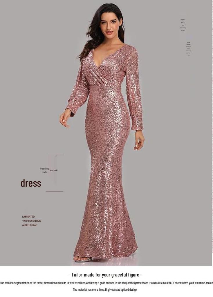 Übergröße V-Ausschnitt Pailletten Meerjungfrau Abendkleid - Mehrfarbig Langarm für Frühling & Herbst